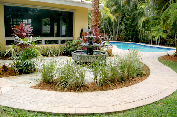 landscape design fountain stone pathway